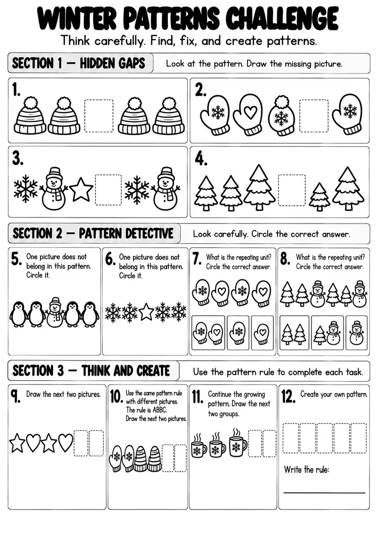 Winter Patterns Challenge for Kindergarten, 1st Grade
