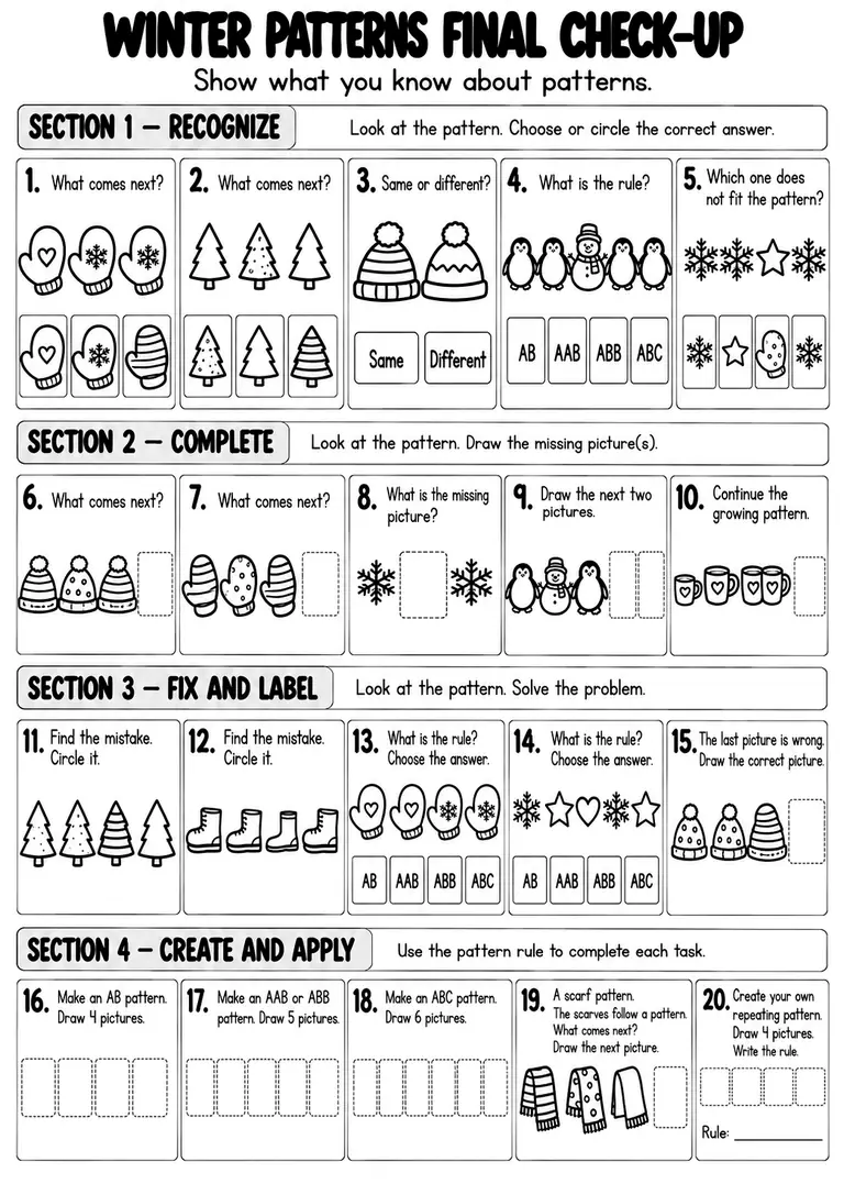 Winter Patterns Final Check-Up for Kindergarten, 1st Grade