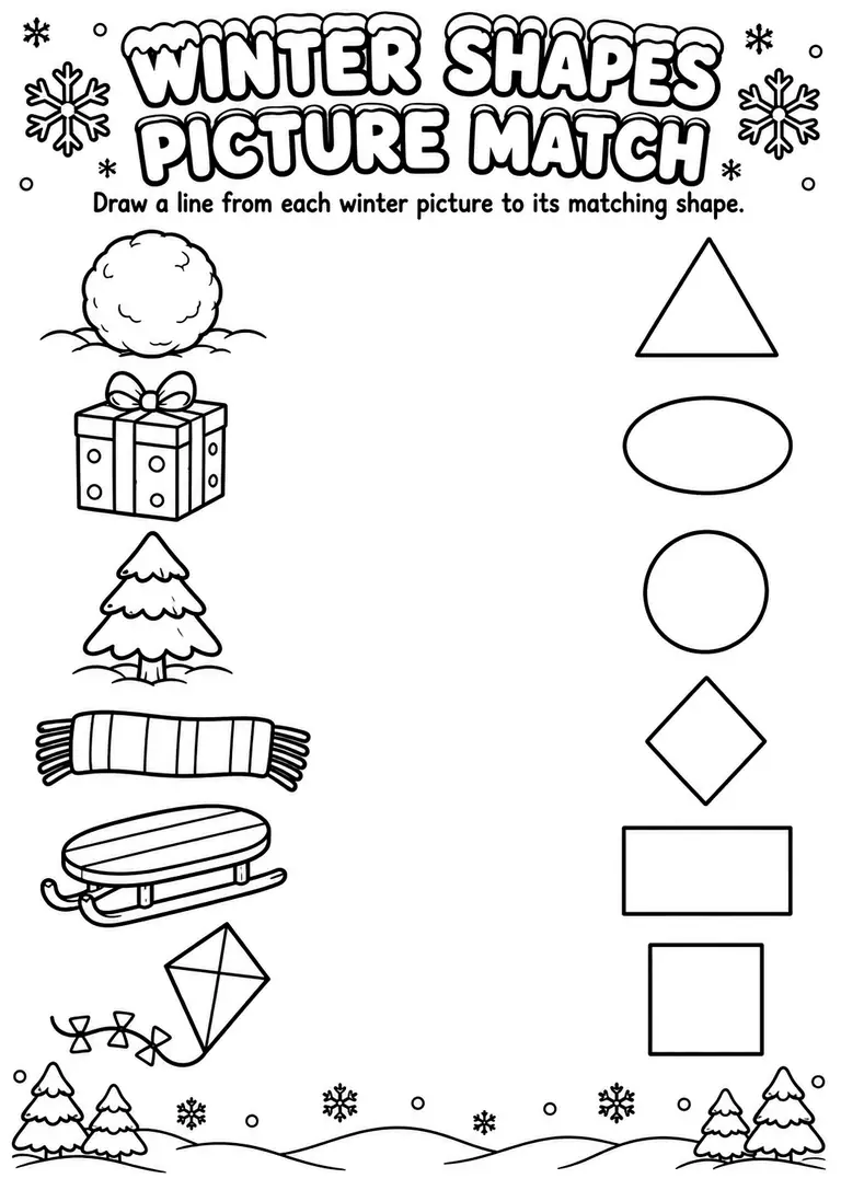 Winter Shapes Picture Match for Preschool, Pre-K, Kindergarten