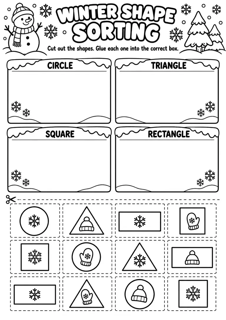 Winter Shape Sorting for Preschool, Pre-K, Kindergarten