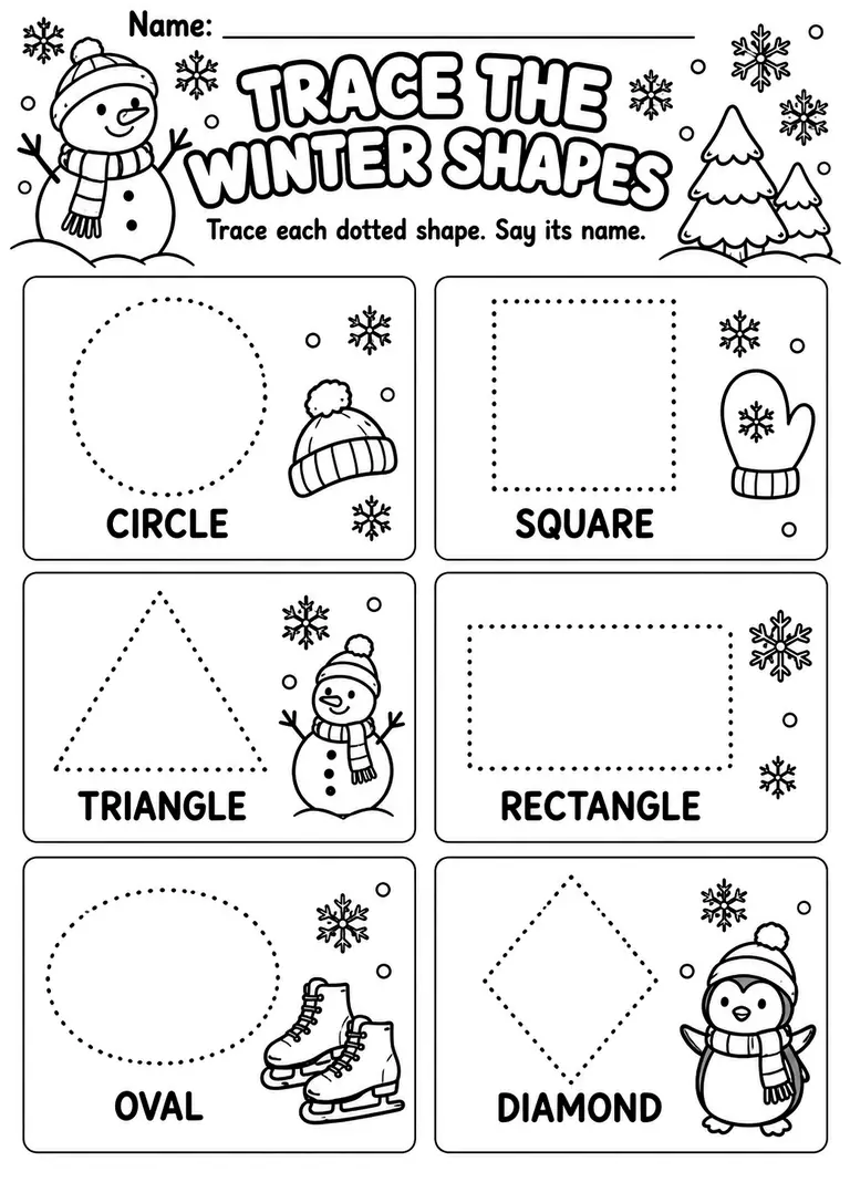 Trace the Winter Shapes for Preschool, Pre-K, Kindergarten