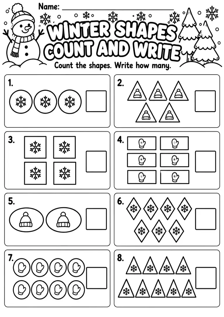 Winter Shapes Count and Write for Preschool, Pre-K, Kindergarten