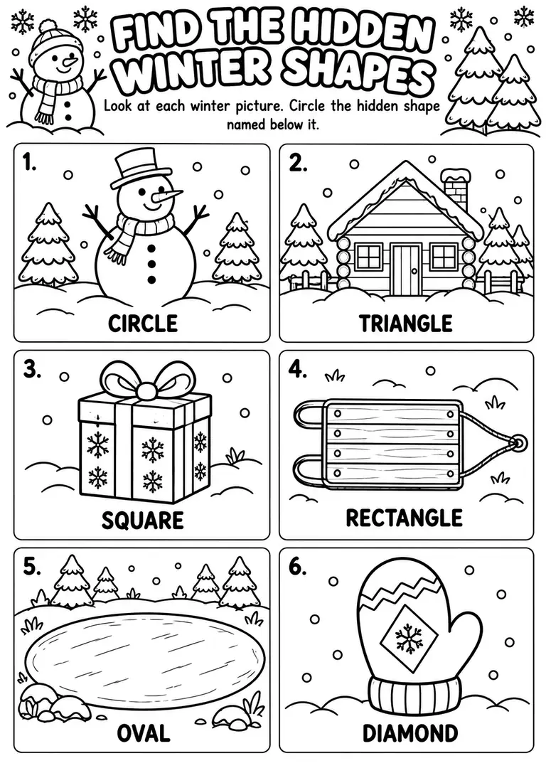 Find the Hidden Winter Shapes for Preschool, Pre-K, Kindergarten