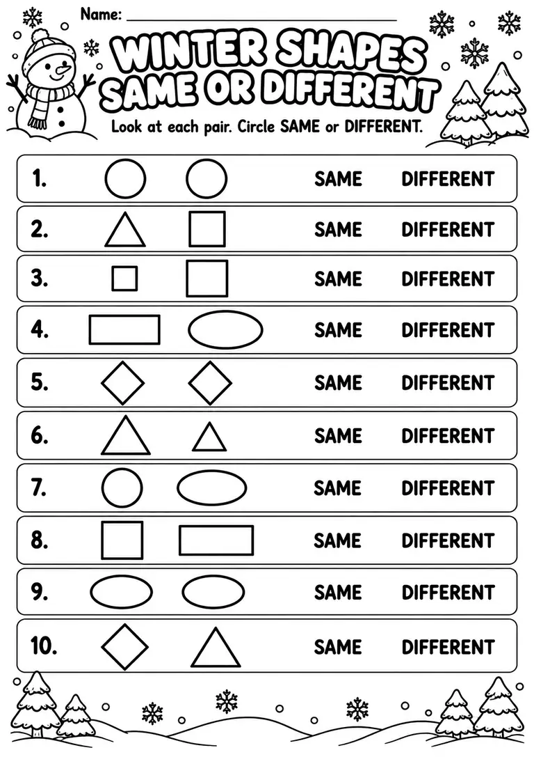Winter Shapes Same or Different for Preschool, Pre-K, Kindergarten