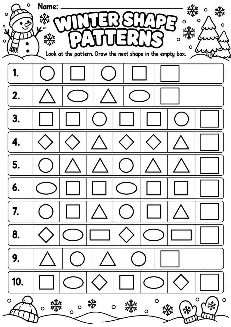 Winter Shape Patterns WORKSHEET for Preschool, Pre-K, Kindergarten