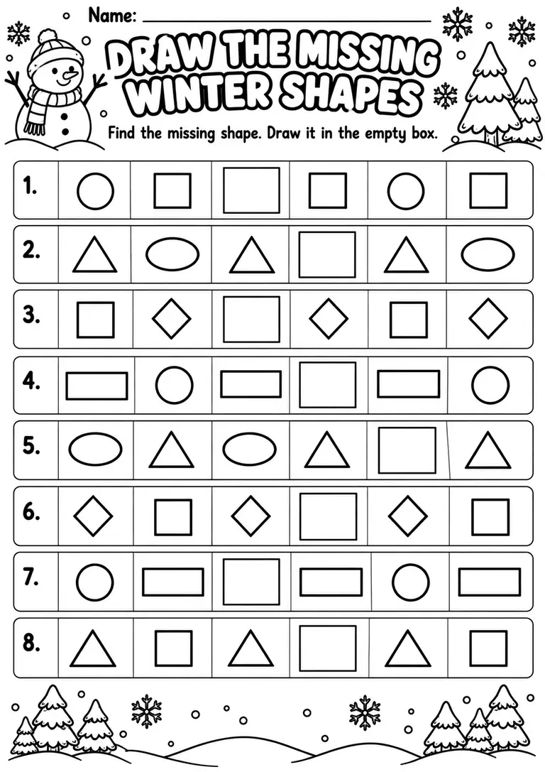 Draw the Missing Winter Shapes for Preschool, Pre-K, Kindergarten
