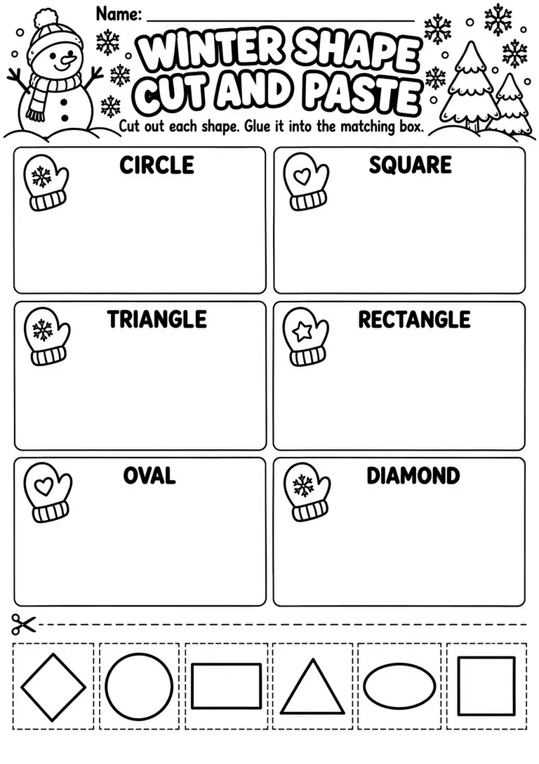 Winter Shape Cut and Paste for Preschool, Pre-K, Kindergarten