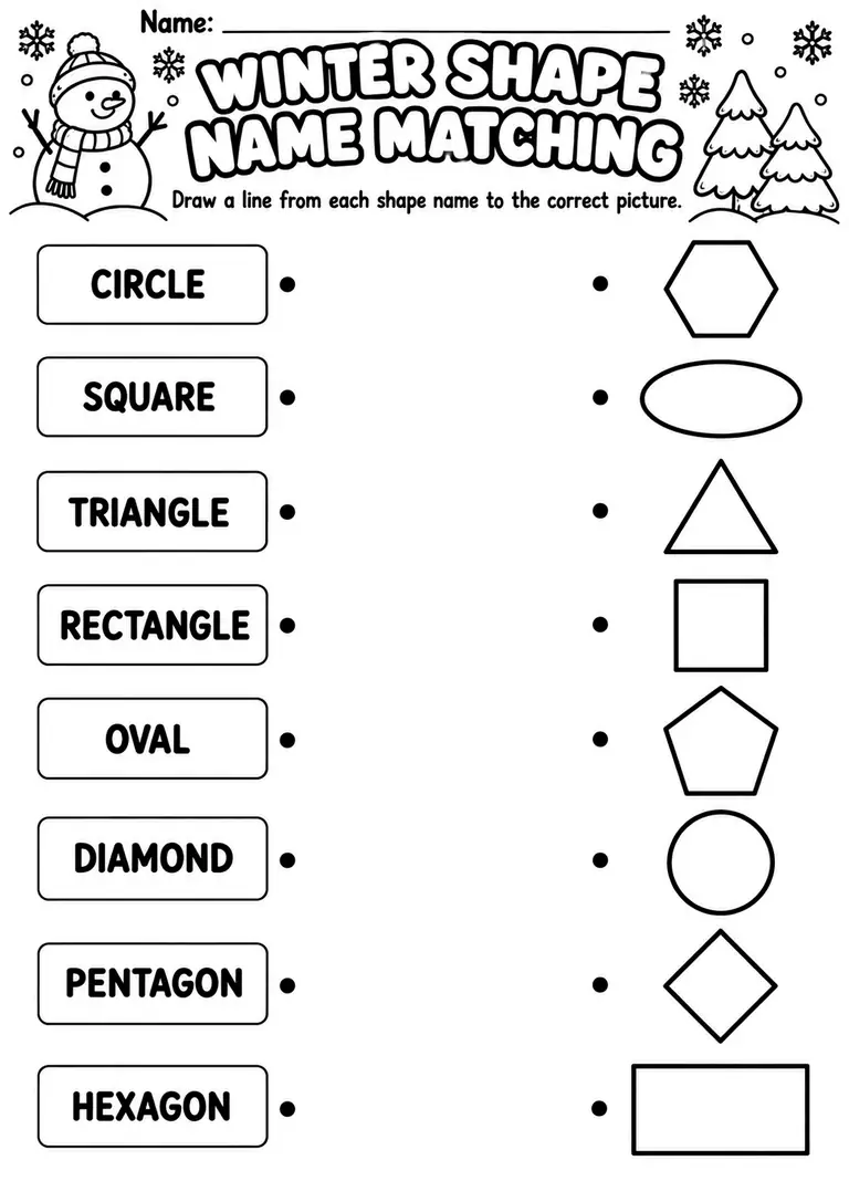 Winter Shape Name Matching for Preschool, Pre-K, Kindergarten