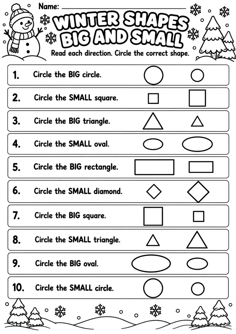 Winter Shapes Big and Small for Preschool, Pre-K, Kindergarten
