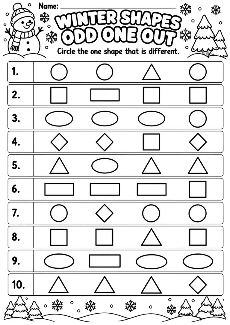 Winter Shapes Odd One Out for Preschool, Pre-K, Kindergarten