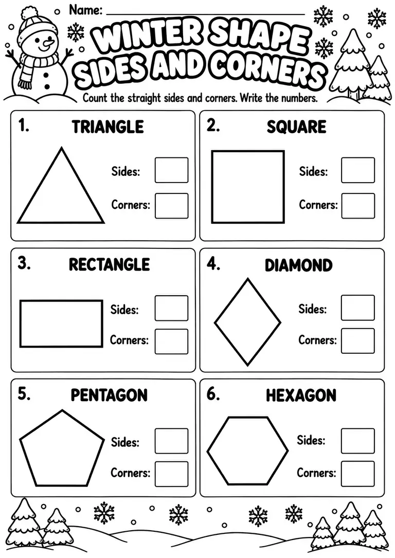 Winter Shape Sides and Corners for Preschool, Pre-K, Kindergarten