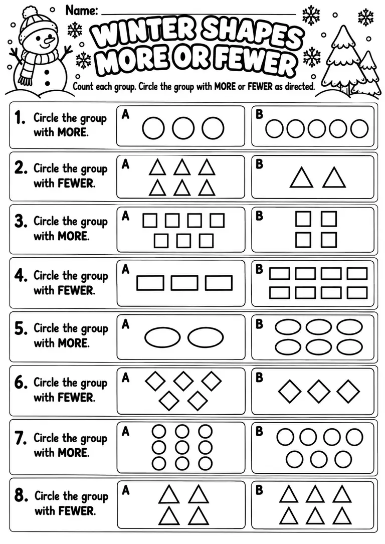 Winter Shapes More or Fewer for Preschool, Pre-K, Kindergarten