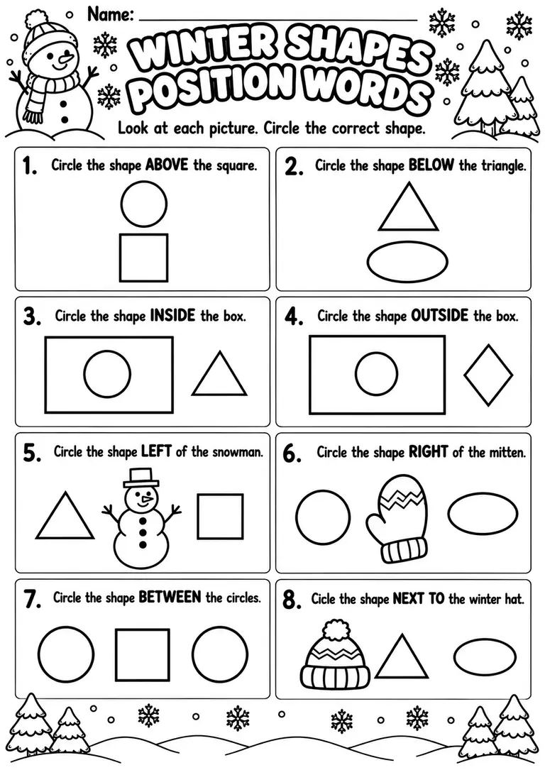 Winter Shapes Position Words for Preschool, Pre-K, Kindergarten