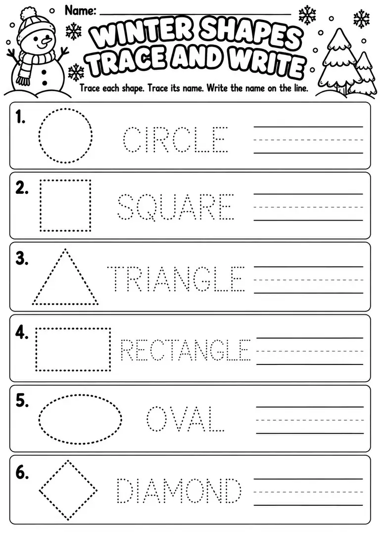 Winter Shapes Trace and Write for Preschool, Pre-K, Kindergarten