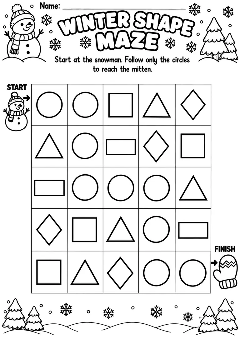 Winter Shape Maze for Preschool, Pre-K, Kindergarten