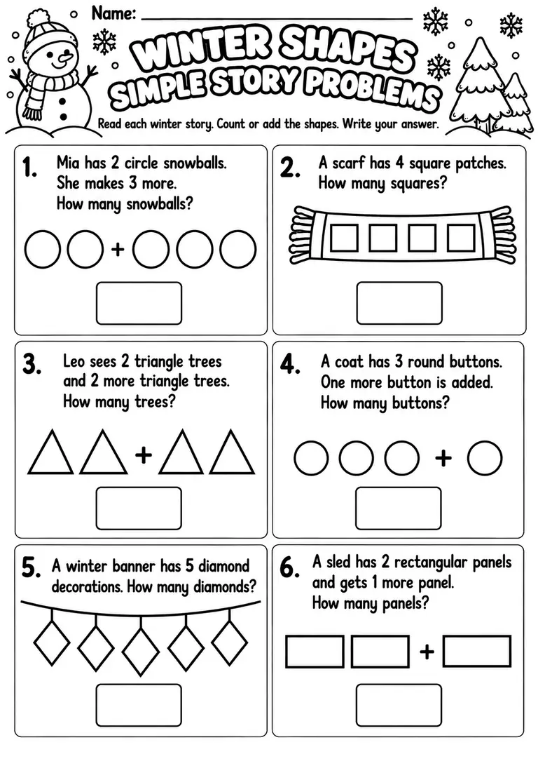 Winter Shapes Simple Story Problems for Preschool, Pre-K, Kindergarten