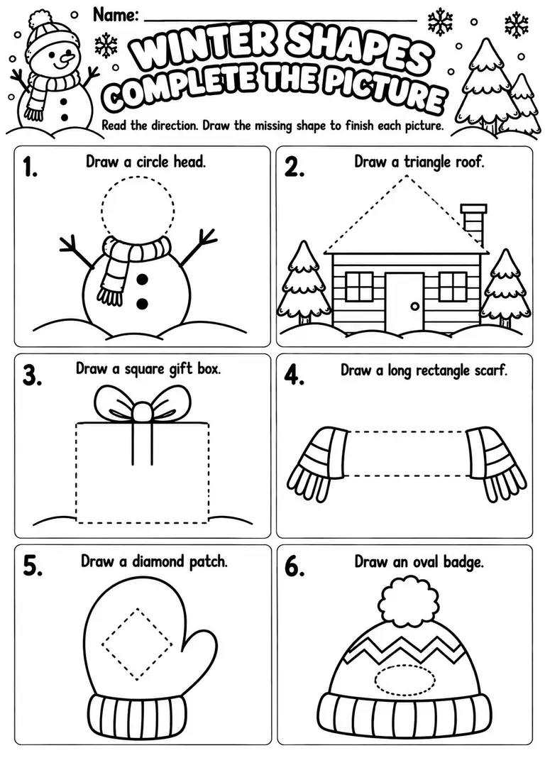 Winter Shapes Complete the Picture for Preschool, Pre-K, Kindergarten