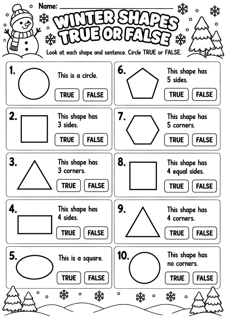 Winter Shapes True or False for Preschool, Pre-K, Kindergarten