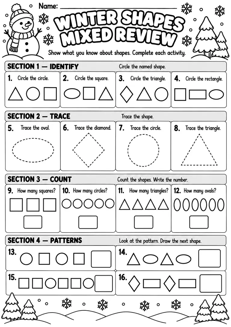 Winter Shapes Mixed Review for Preschool, Pre-K, Kindergarten