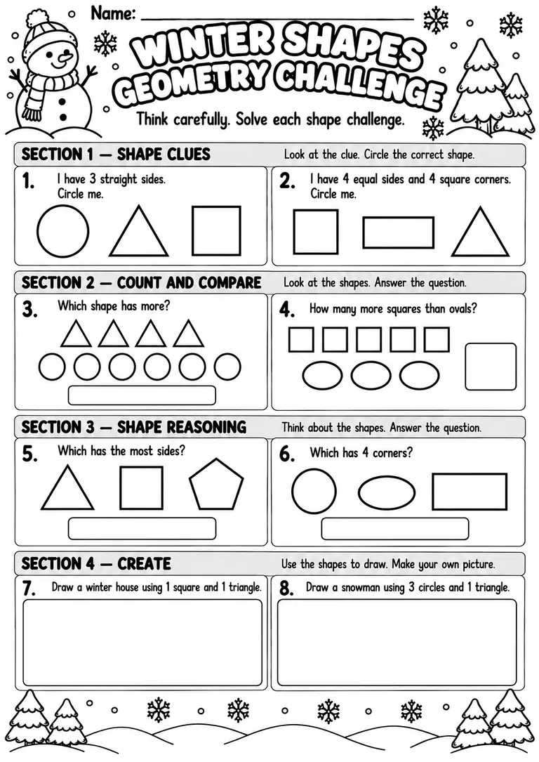 Winter Shapes Geometry Challenge for Preschool, Pre-K, Kindergarten