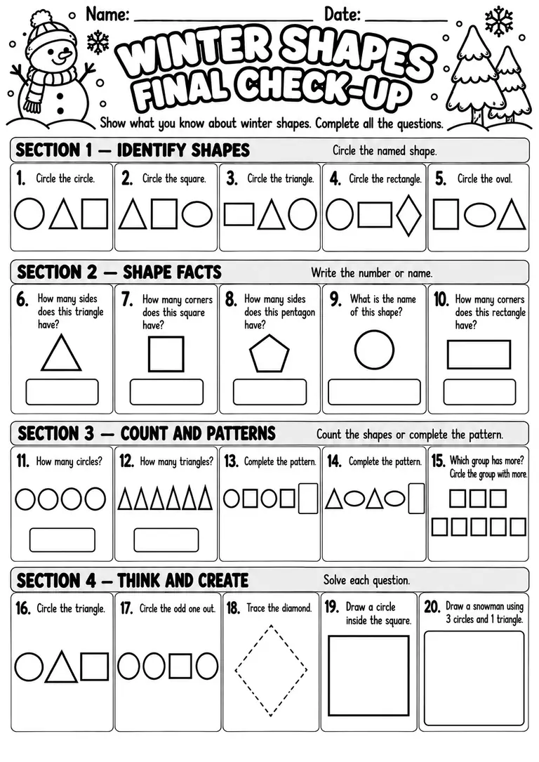 Winter Shapes Final Check-Up for Preschool, Pre-K, Kindergarten