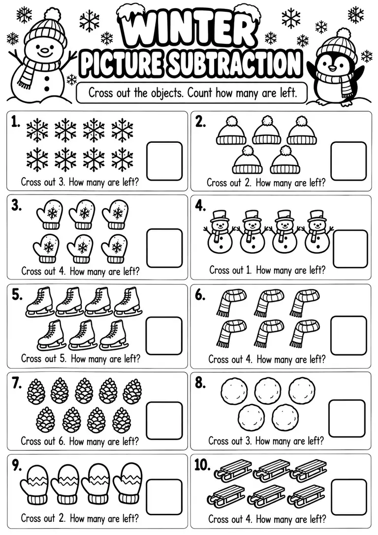 Winter Picture Subtraction WORKSHEET for Kindergarten, 1st Grade