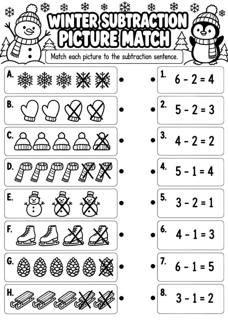 Winter Subtraction Picture Match for Kindergarten, 1st Grade
