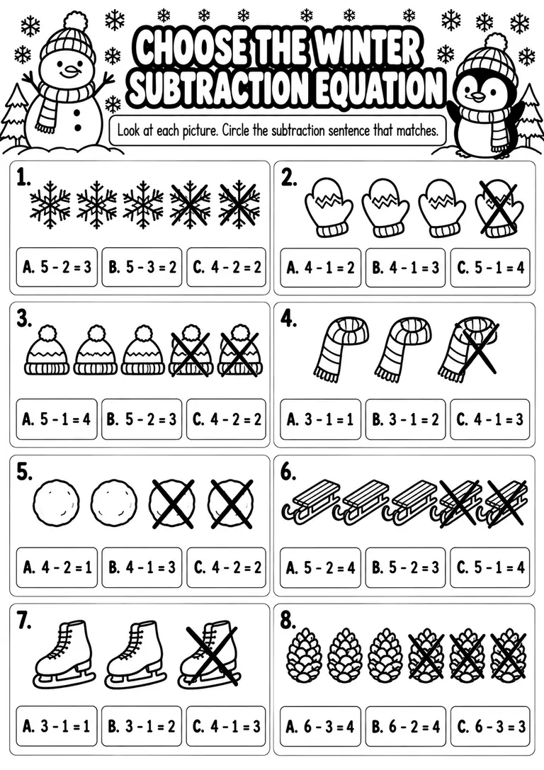 Choose the Winter Subtraction Equation for Kindergarten, 1st Grade
