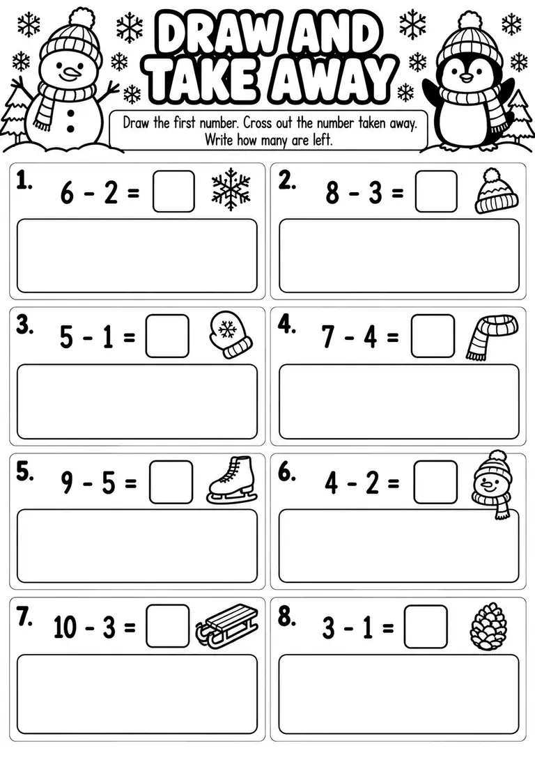 Draw and Take Away WORKSHEET for Kindergarten, 1st Grade