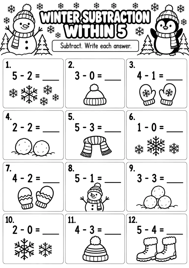 Winter Subtraction Within 5 for Kindergarten, 1st Grade