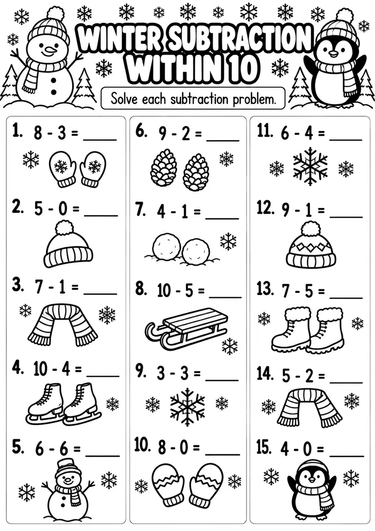 Winter Subtraction Within 10 for Kindergarten, 1st Grade