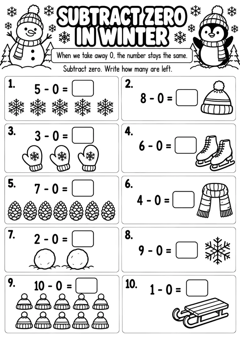 Subtract Zero in Winter for Kindergarten, 1st Grade