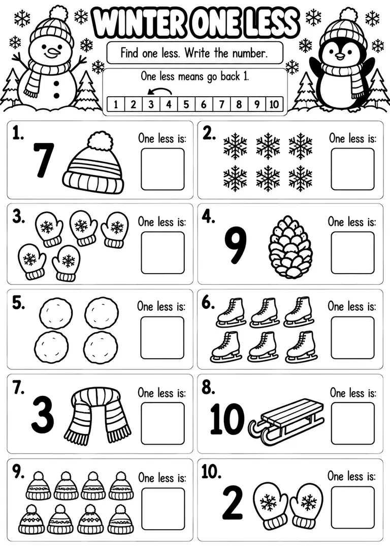 Winter One Less WORKSHEET for Kindergarten, 1st Grade