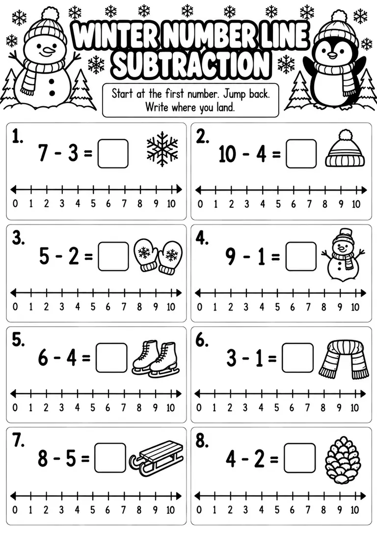 Winter Number Line Subtraction for Kindergarten, 1st Grade