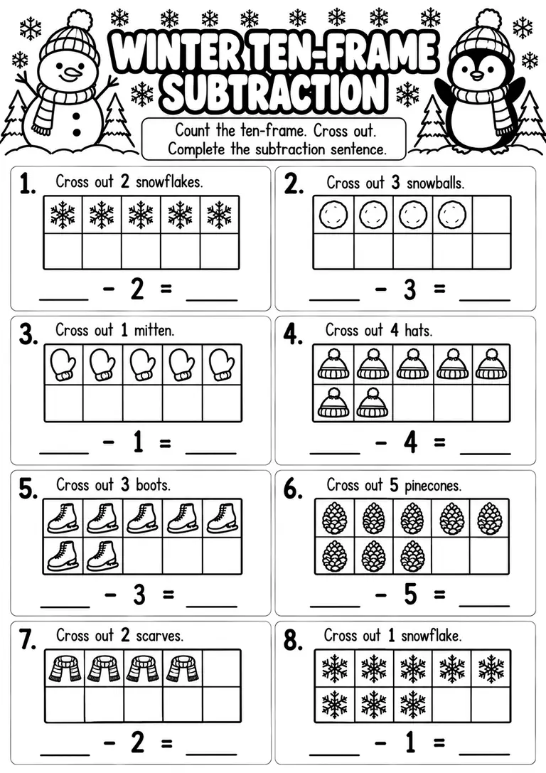 Winter Ten-Frame Subtraction WORKSHEET for Kindergarten, 1st Grade