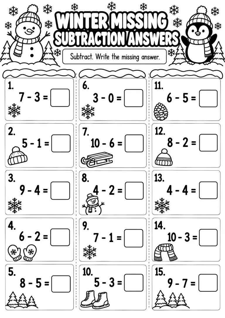 Winter Missing Subtraction Answers for Kindergarten, 1st Grade