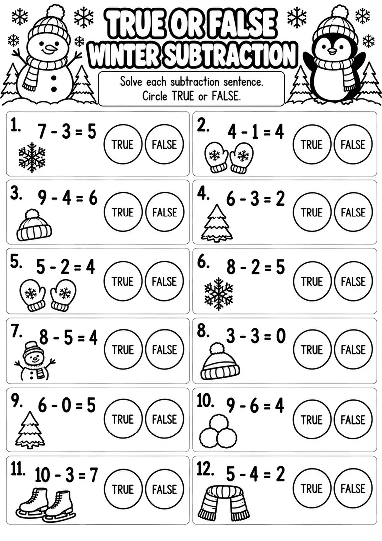 True or False Winter Subtraction for Kindergarten, 1st Grade