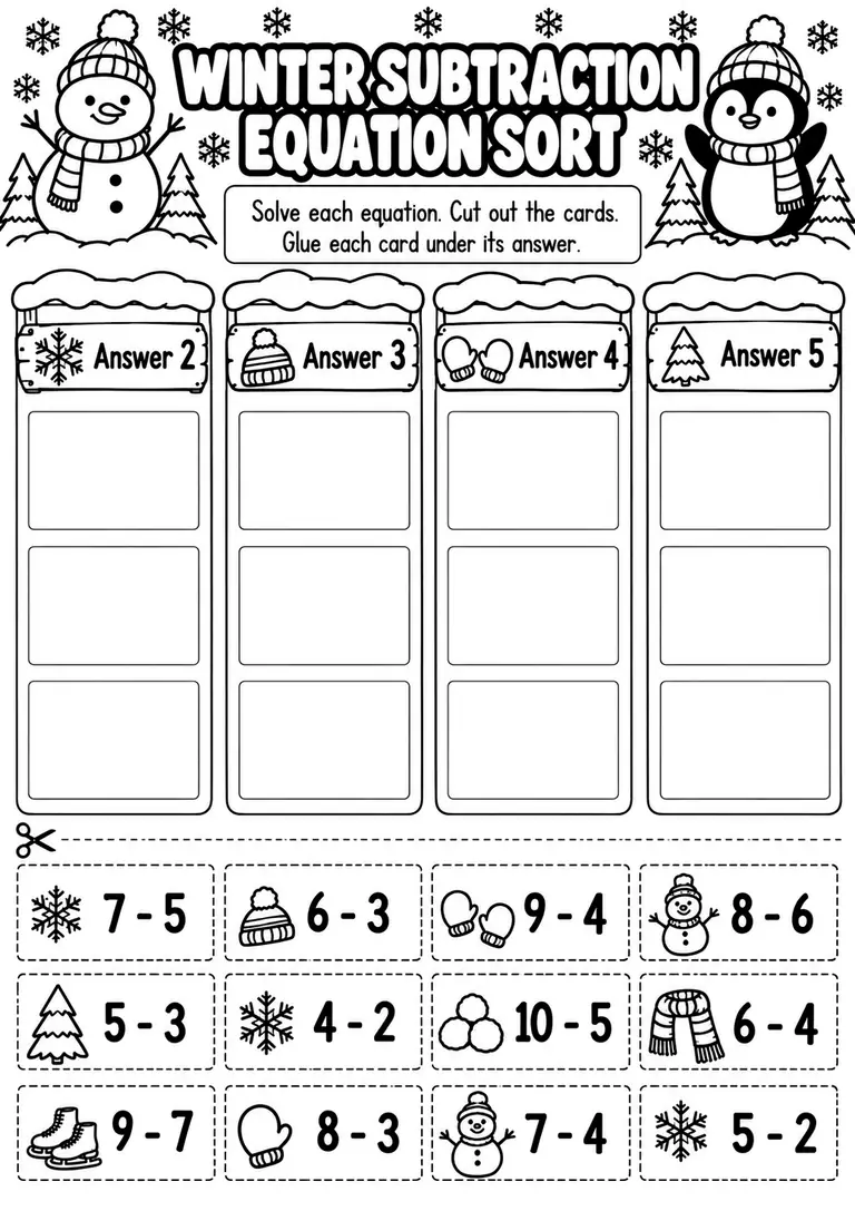 Winter Subtraction Equation Sort for Kindergarten, 1st Grade
