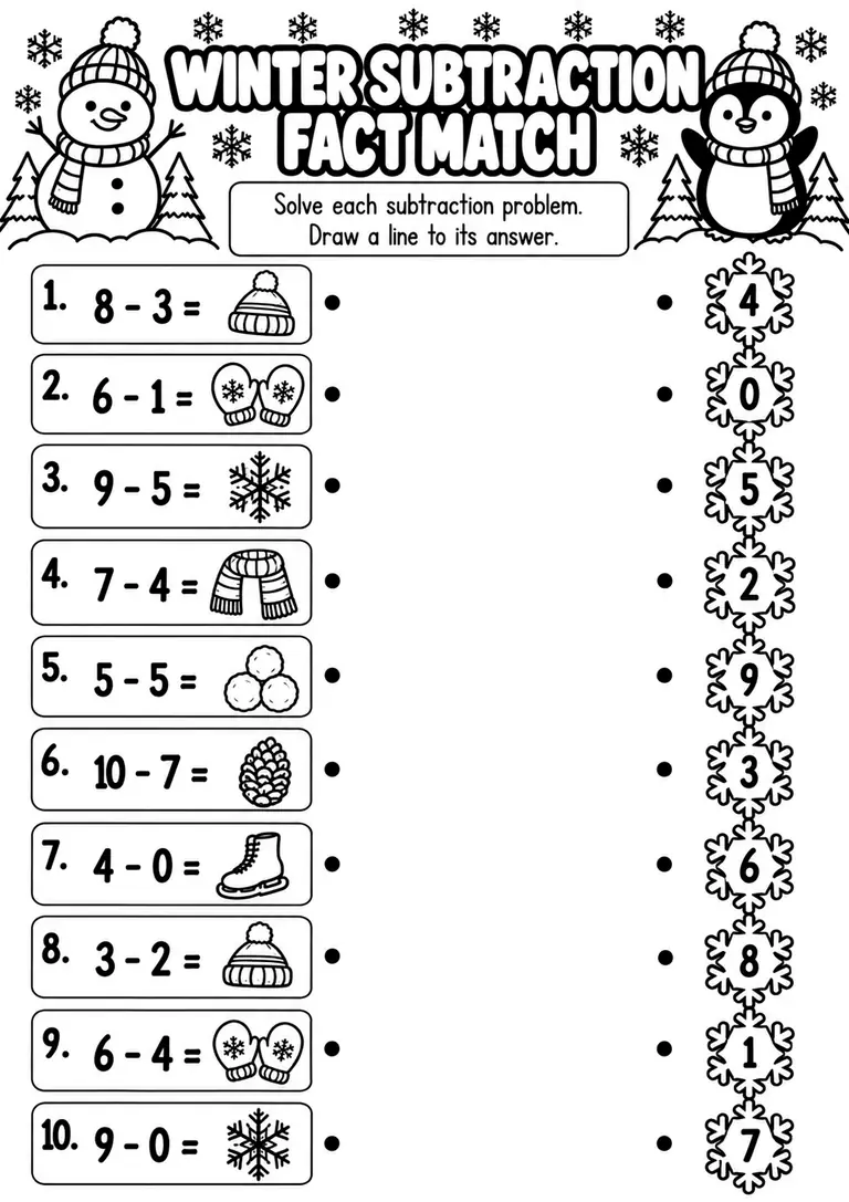 Winter Subtraction Fact Match for Kindergarten, 1st Grade