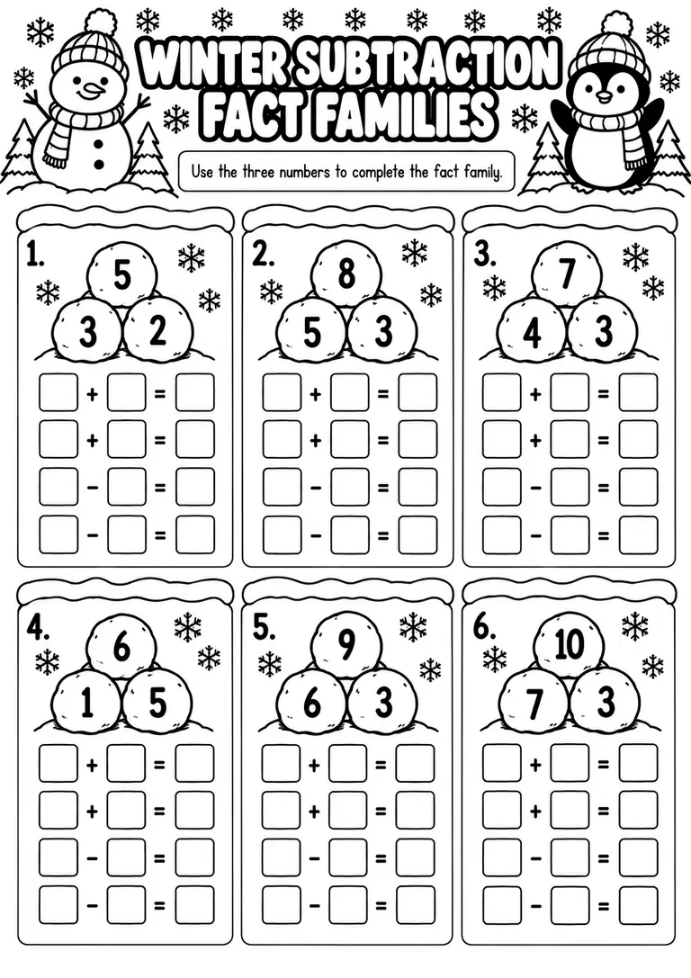 Winter Subtraction Fact Families for Kindergarten, 1st Grade