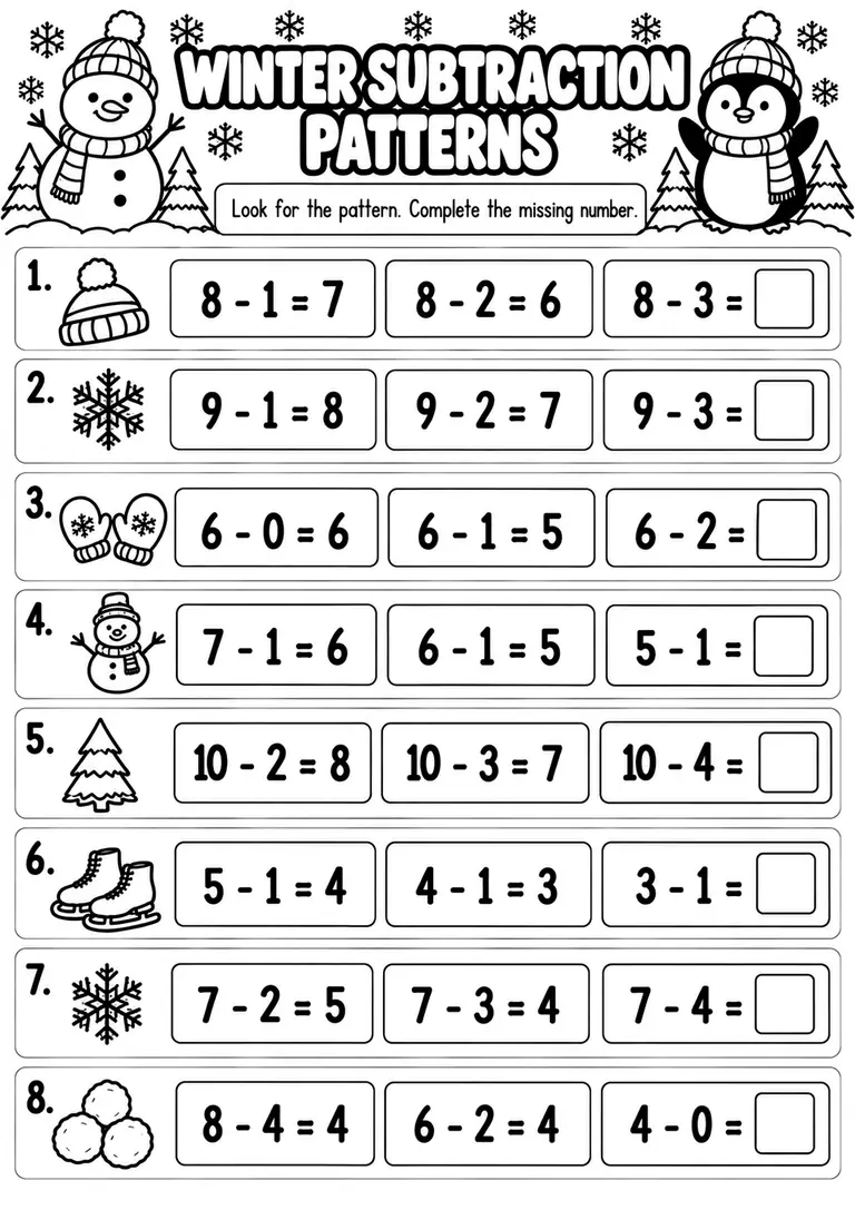 Winter Subtraction Patterns for Kindergarten, 1st Grade