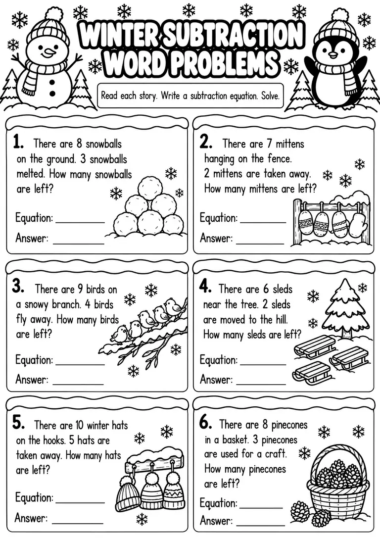 Winter Subtraction Word Problems for Kindergarten, 1st Grade