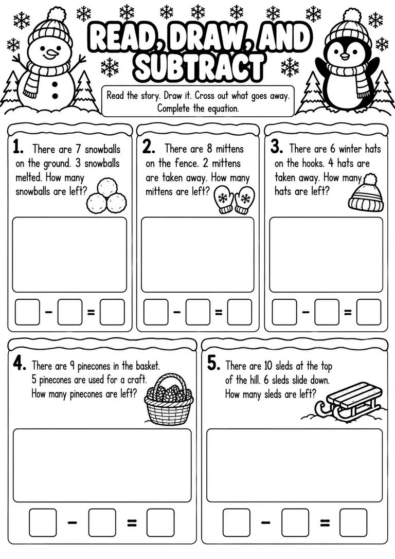 Read, Draw, and Subtract for Kindergarten, 1st Grade
