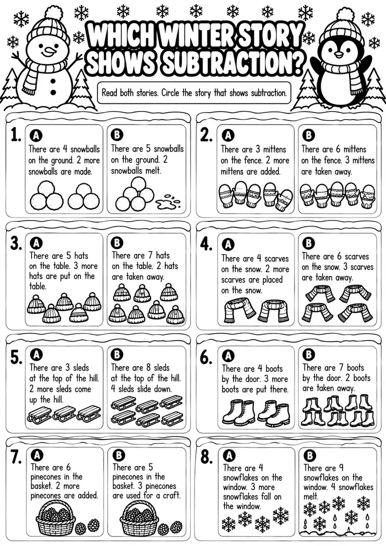 Which Winter Story Shows Subtraction? for Kindergarten, 1st Grade