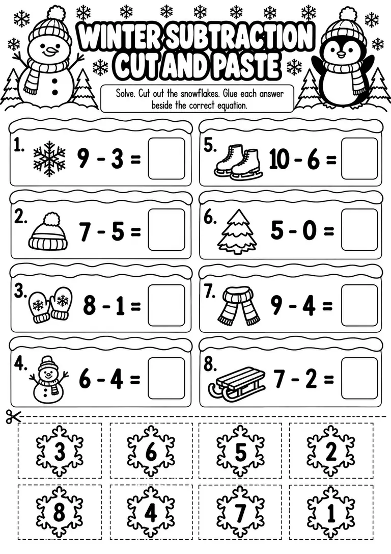 Winter Subtraction Cut and Paste for Kindergarten, 1st Grade