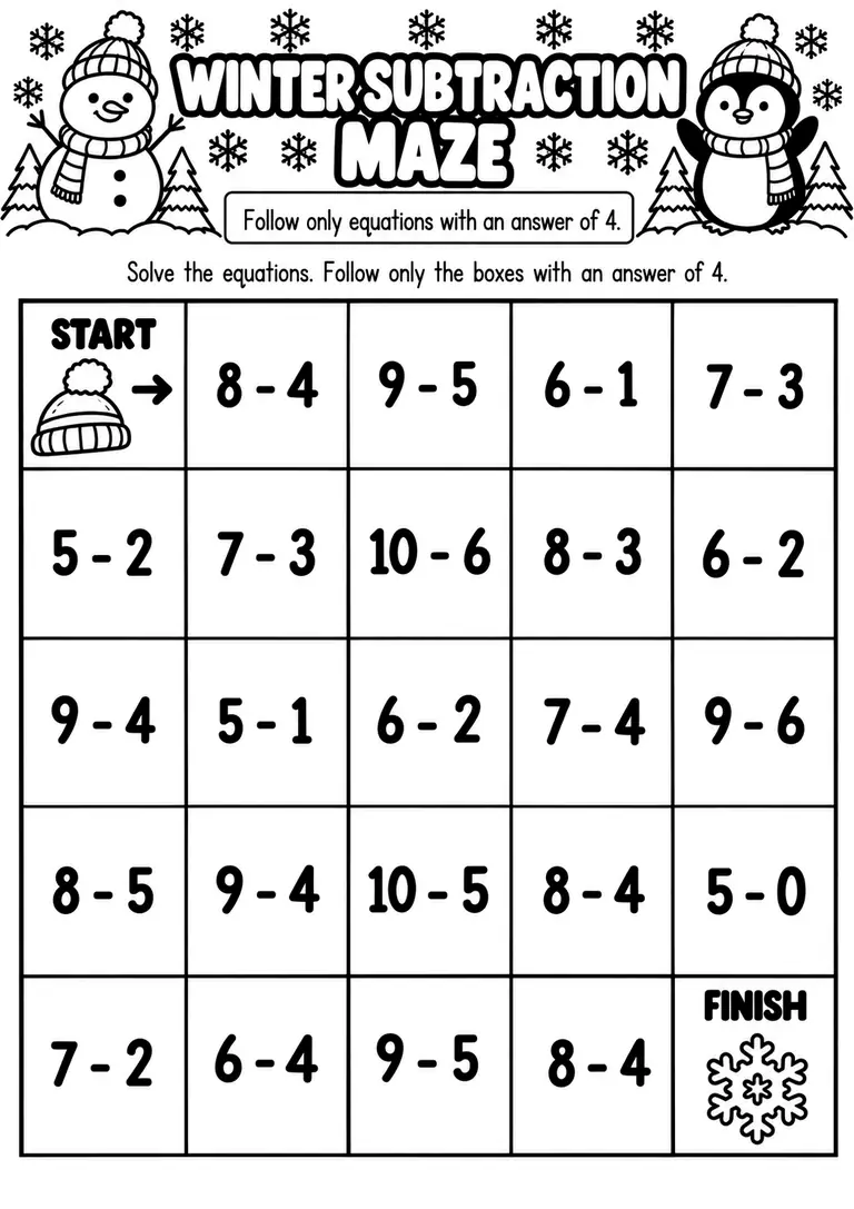 Winter Subtraction Maze for Kindergarten, 1st Grade