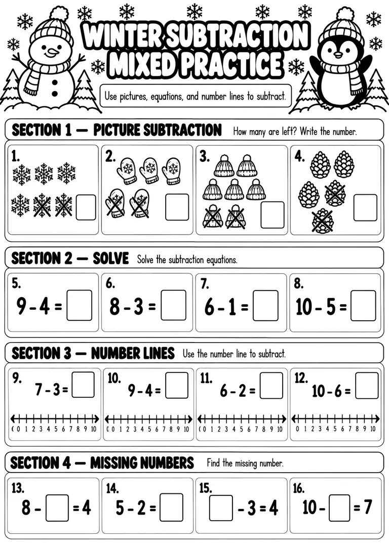 Winter Subtraction Mixed Practice for Kindergarten, 1st Grade
