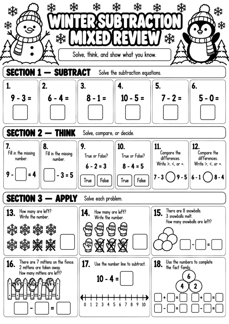 Winter Subtraction Mixed Review for Kindergarten, 1st Grade