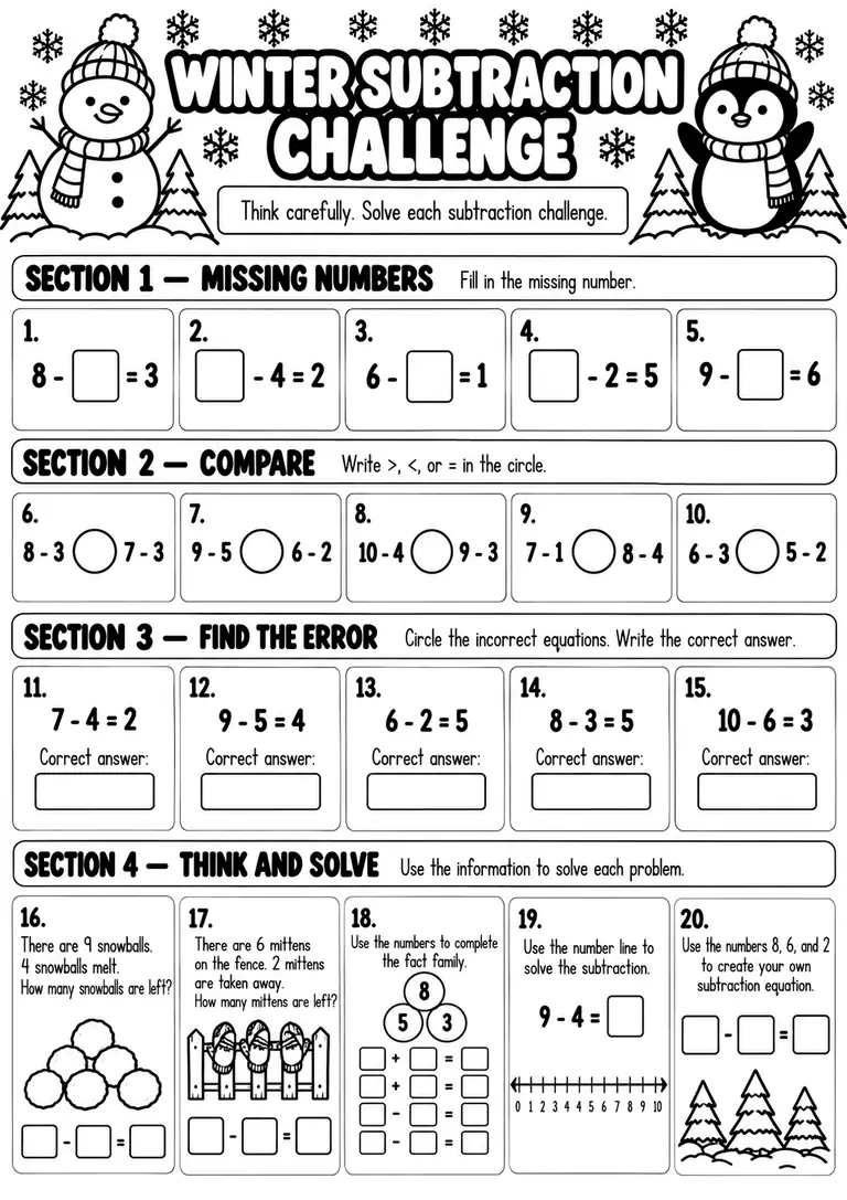 Winter Subtraction Challenge for Kindergarten, 1st Grade