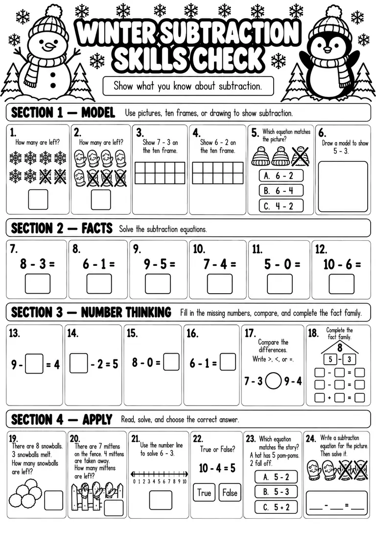 Winter Subtraction Skills Check for Kindergarten, 1st Grade